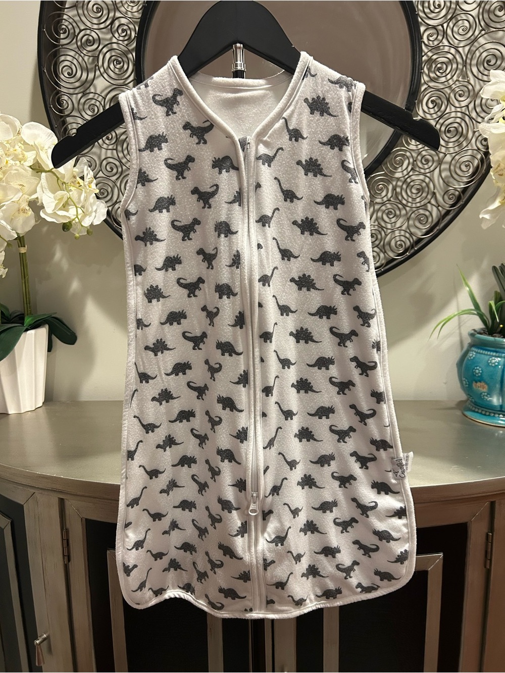 copper Pearls Light Gray Dinosaur Sleep Sack with Front Zipper